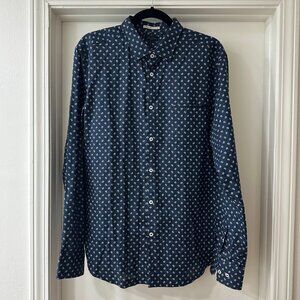 Good Man Brand Dark Blue with White Paisley Button Up Dress Shirt, Size Large